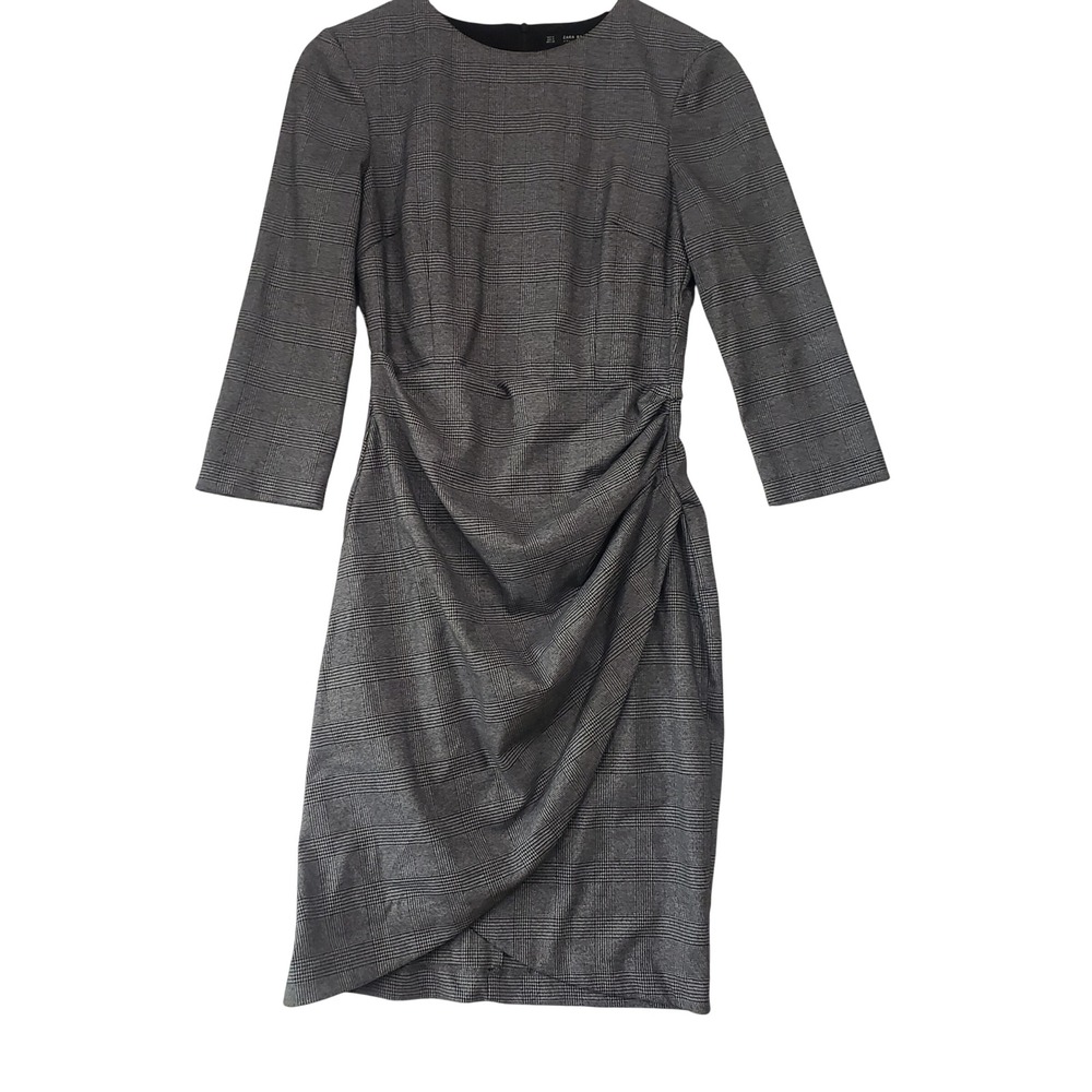 Zara‎ Sheath Dress Womens Small Grey Glen Plaid Ruched Faux Wrap 3/4 Sleeve
